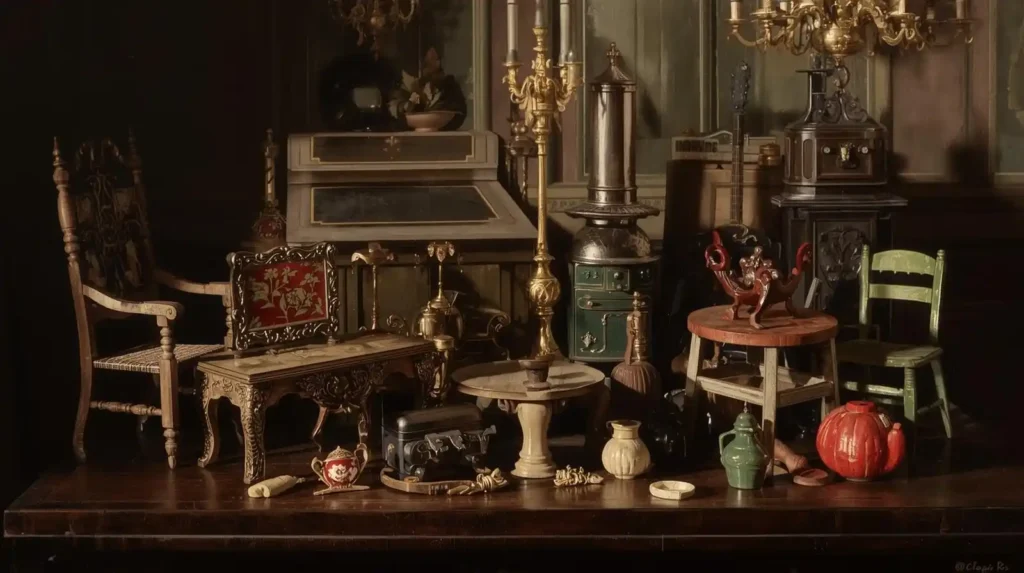Renaissance-style painting of vintage dollhouse furniture from the early 20th century.
