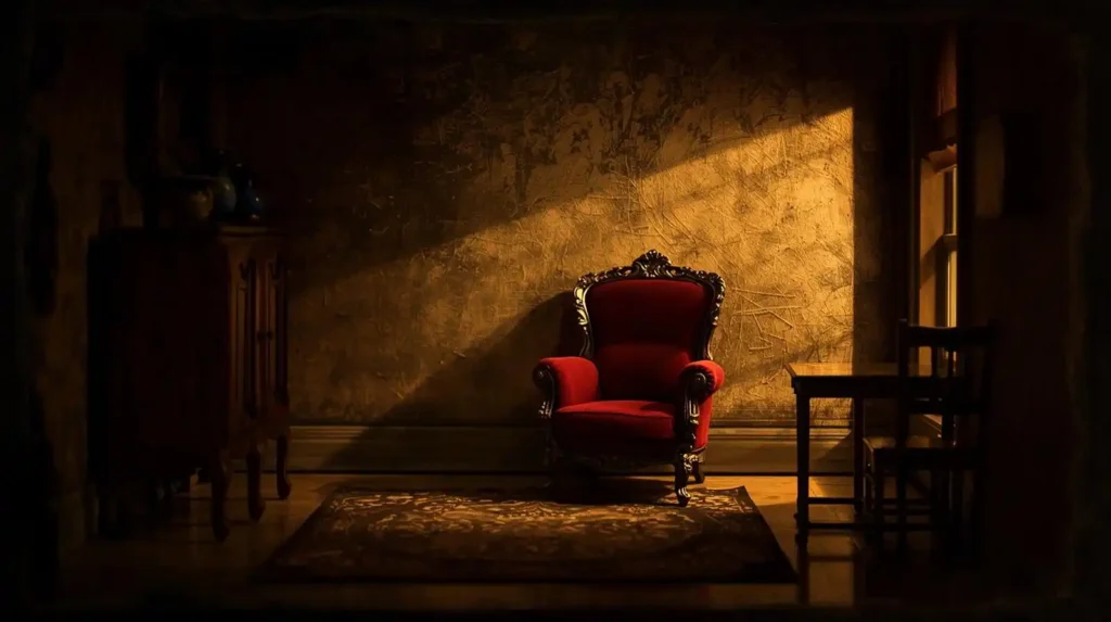 Renaissance-inspired painting of a dollhouse interior featuring a bold red accent chair among simple furniture.