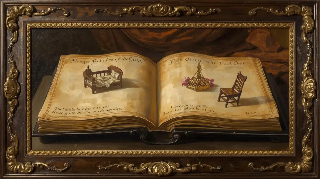 Renaissance-style painting of a guidebook with illustrations of beginner dollhouse furniture sets.