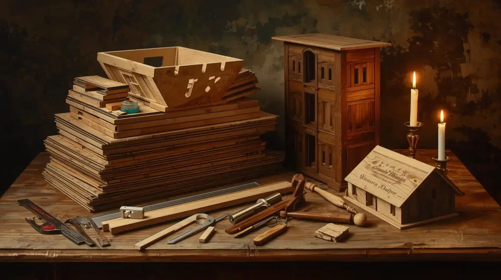Renaissance painting of dollhouse kits and tools prepared for kit bashing modifications.