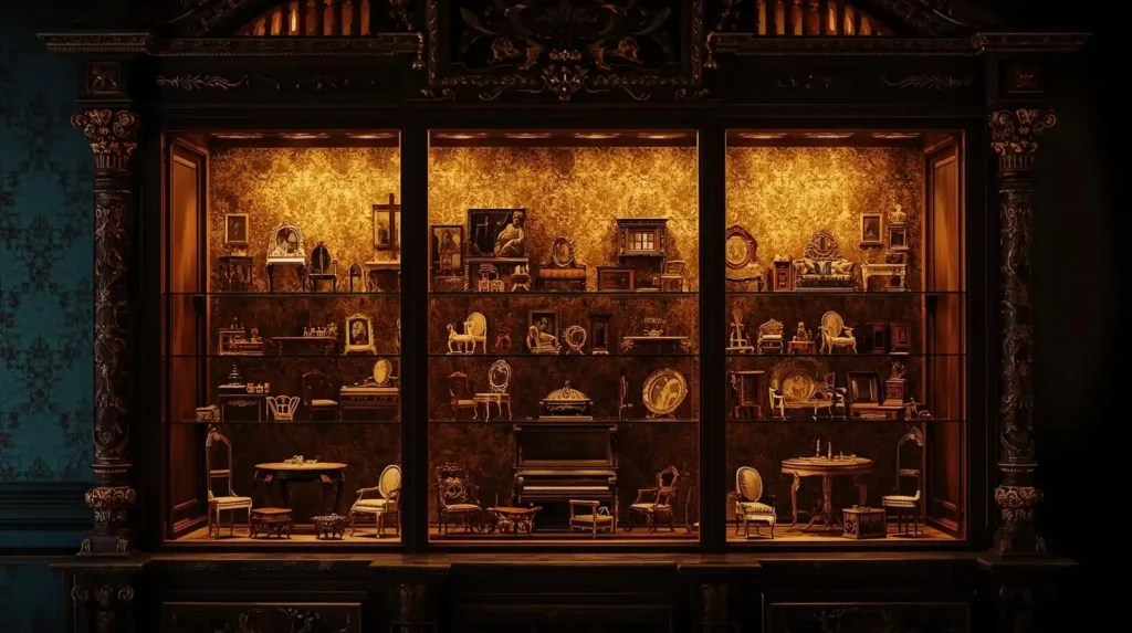 Renaissance-inspired painting of dollhouse furniture displayed in a collector’s cabinet with dramatic lighting.