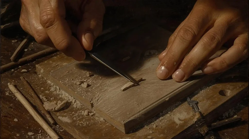 Baroque painting of cutting and sanding miniature wood pieces for dollhouse furniture making.
