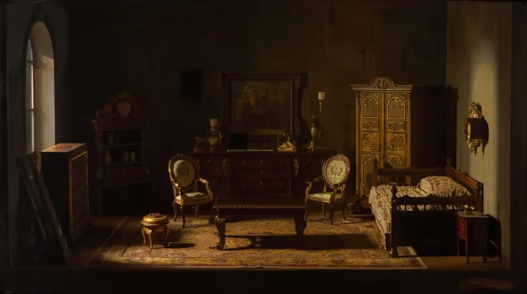 Renaissance painting of a dollhouse interior filled with DIY miniature furniture projects.