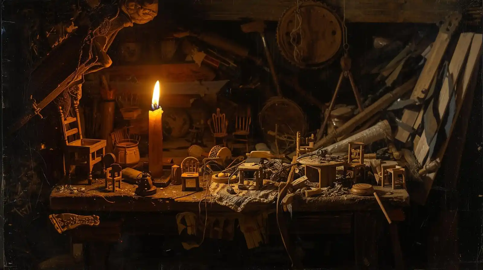 Baroque painting of a miniature craftsman’s workshop building DIY dollhouse furniture step by step.