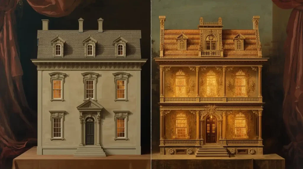 Baroque painting showing a plain dollhouse versus a transformed dollhouse with unique modifications.