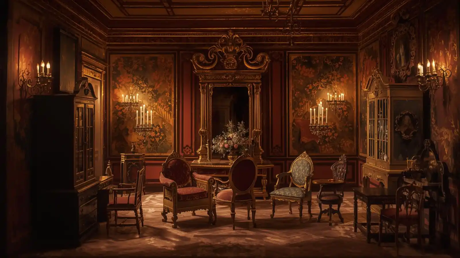 Baroque painting of a dollhouse filled with miniature furniture, symbolizing styles, materials, and collecting tips.