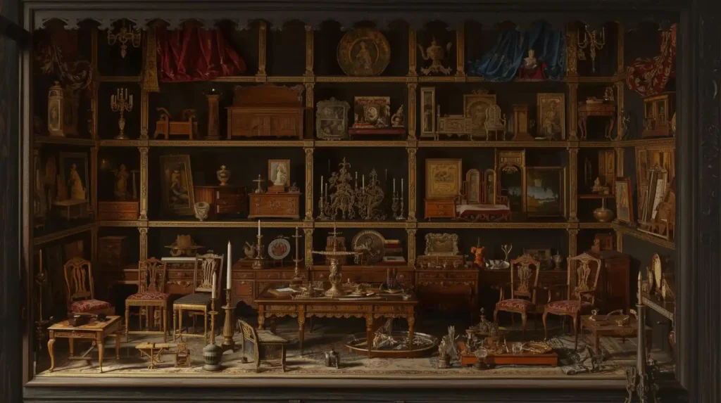 Baroque painting of a historical cabinet house displaying miniature dollhouse furniture.