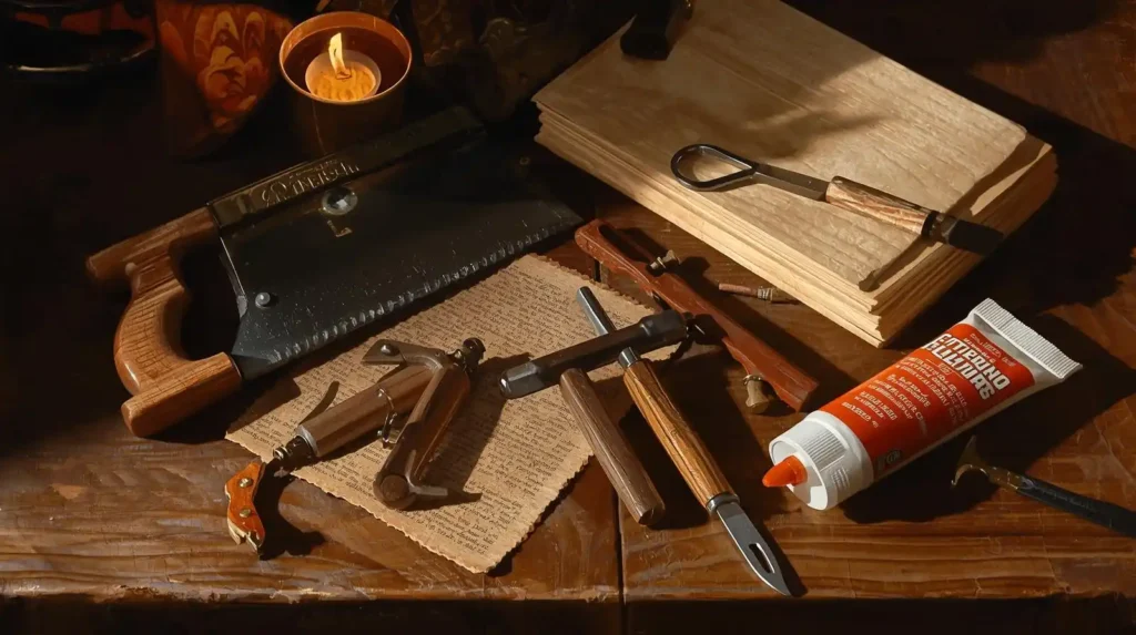 Baroque still-life painting of miniature woodworking tools and materials for DIY dollhouse furniture.