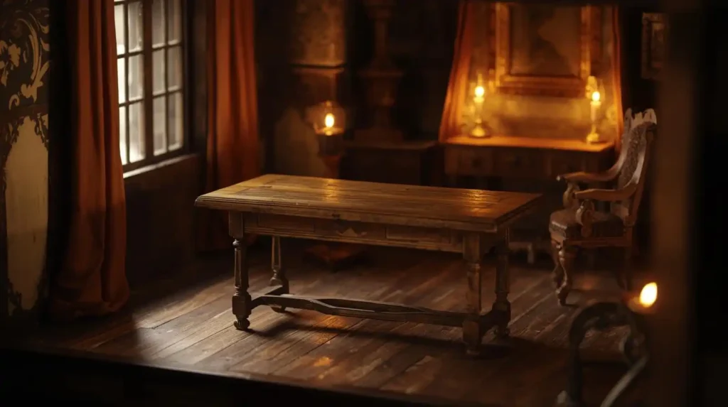 Baroque painting of a completed DIY miniature wooden table inside a dollhouse interior.