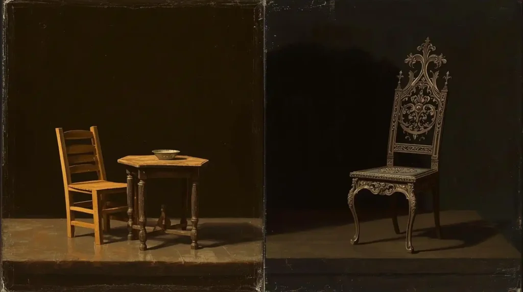 Baroque painting comparing simple beginner-friendly dollhouse furniture with complex advanced pieces.