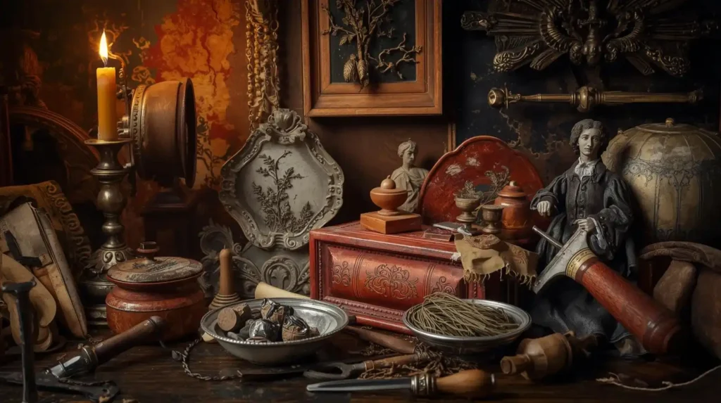Baroque painting of miniature furniture materials showing wood, tin, and early plastics.