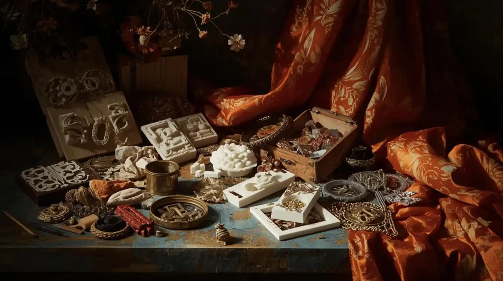 Still-life painting of dollhouse furniture materials including wood, resin, metal, and fabric in a Baroque artistic style.