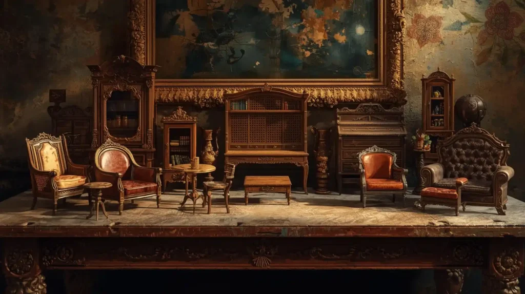 Baroque painting of mixed-material dollhouse furniture sets combining wood, plastic, and metal.
