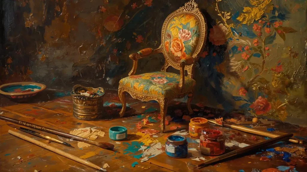 Baroque painting of miniature dollhouse chair being painted and finished with fine detail.