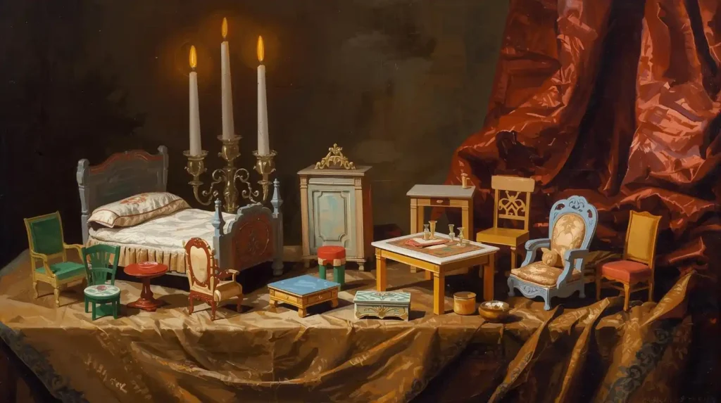 Renaissance-style painting of plastic dollhouse furniture sets for beginners, including bed, table, and chairs.