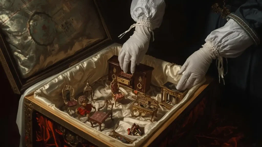 Baroque painting of a collector conserving vintage dollhouse furniture with archival care.