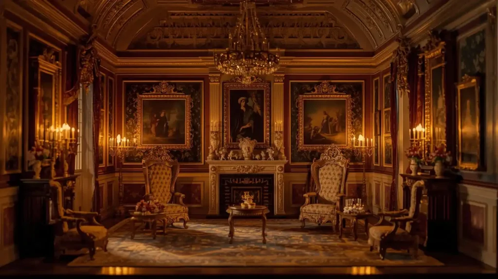 Renaissance painting of Queen Mary’s Dolls’ House showcasing vintage dollhouse furniture.