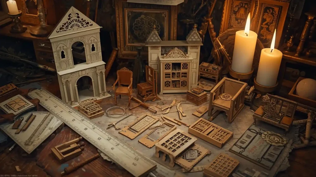 Renaissance painting of miniature furniture scale ruler and paper mock-ups in a workshop.