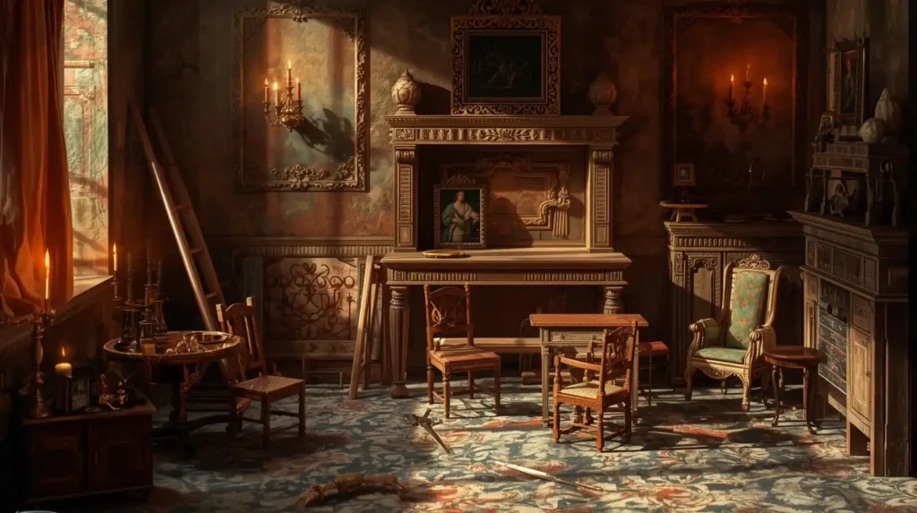 Baroque painting of miniature furniture in different dollhouse scales, with measuring tools highlighting proportion accuracy.