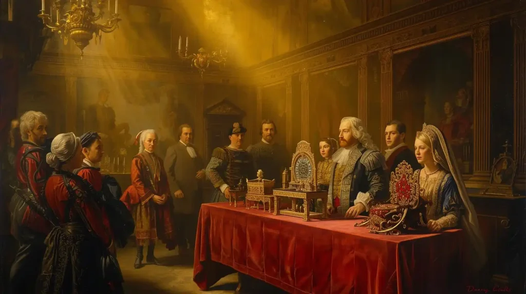 Baroque painting of vintage dollhouse furniture showcased at an auction for collectors.