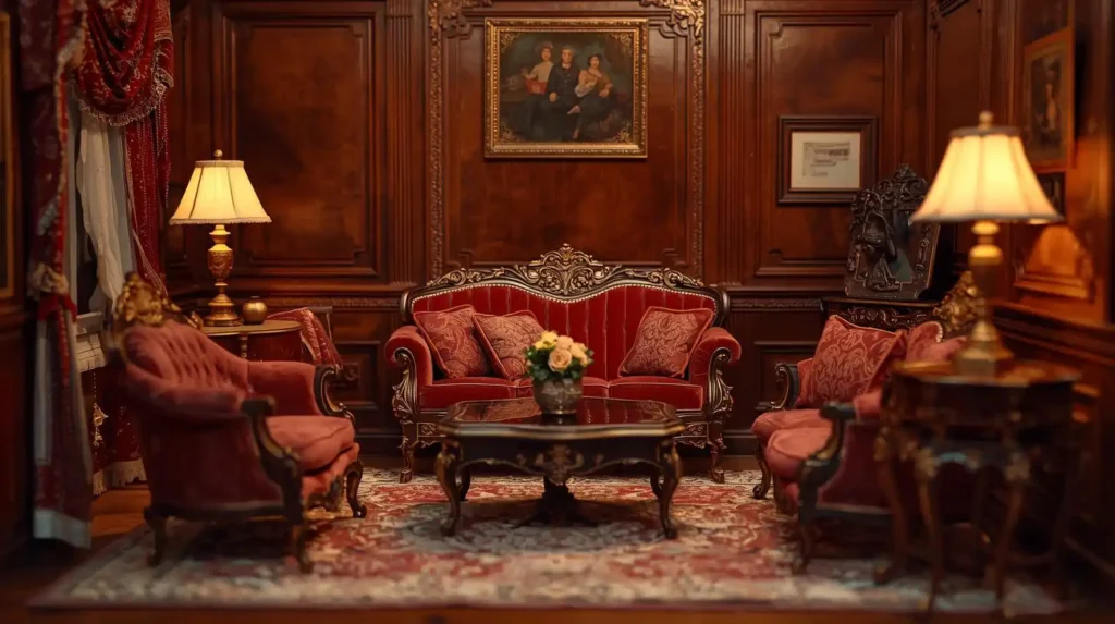 Baroque painting of Victorian miniature dollhouse furniture with ornate detailing.