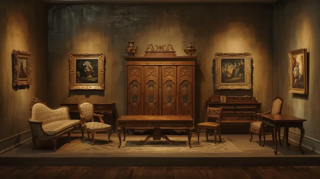 Renaissance-style painting showing miniature dollhouse furniture from different eras including Victorian, Georgian, and Mid-Century.
