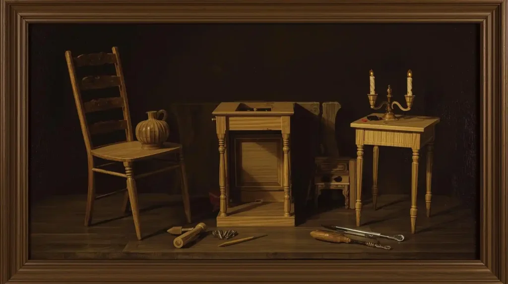 Baroque painting of beginner wooden dollhouse furniture kits with miniature tools for assembly.