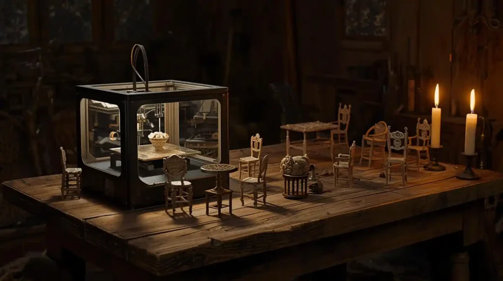 Baroque painting of a miniature 3D printer creating affordable 1:6 dollhouse furniture pieces.
