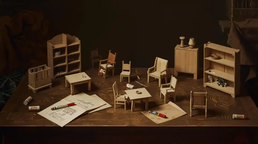 Renaissance painting of flat-pack 1:6 scale miniature furniture inspired by IKEA designs.