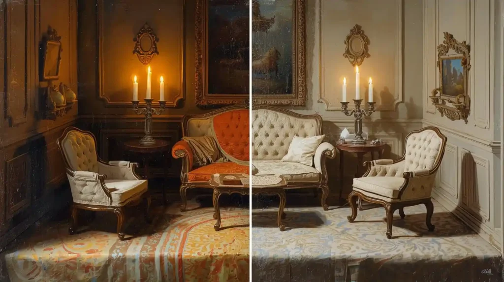 aroque painting of miniature 1:6 scale dollhouse furniture being repainted in soft tones to show creative reuse and affordability.